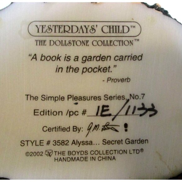 Boyds Yesterdays Child Alyssa Secret Garden Figurine - 2002 Dollstone Collection - Picture 7 of 7